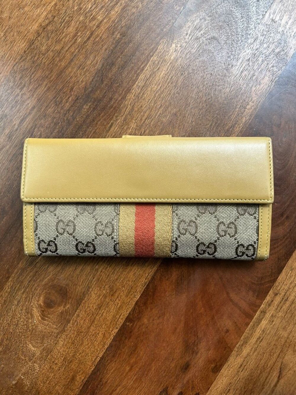 GUCCI GG Supreme Canvas and Leather Long Wallet, Tan, Brown